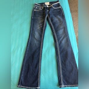 Dark Blue Flare Jeans with Contrast Stitching